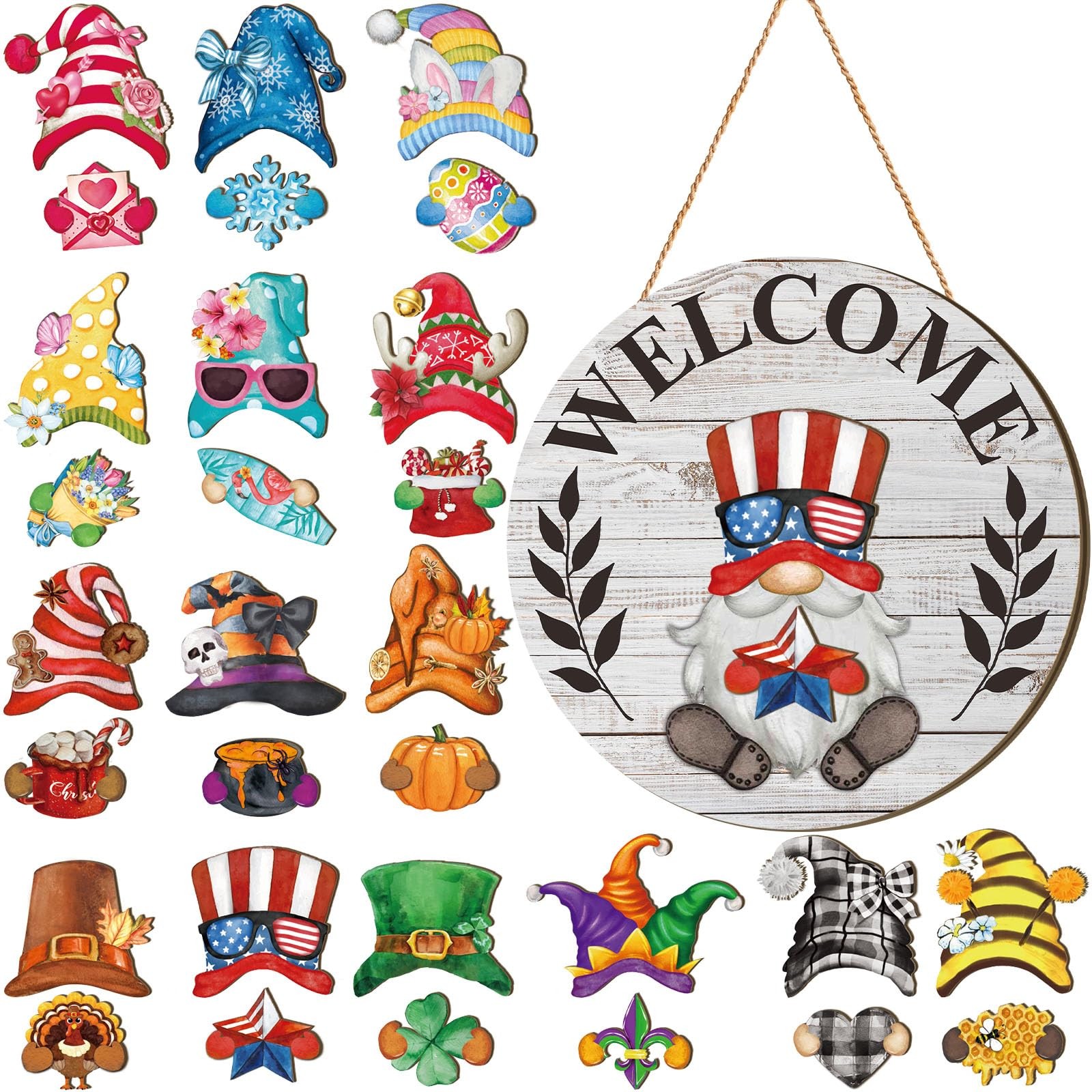 31 Pcs Retro Wood Grain Interchangeable Wooden Gnome Door Hanger Holiday Seas…