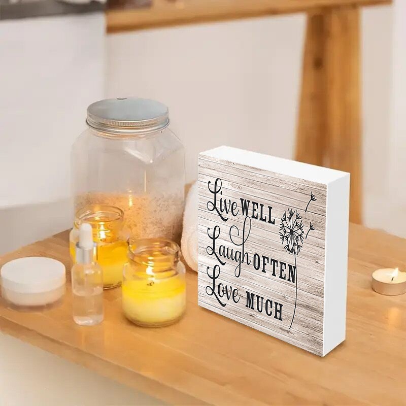 Minimal Dandelion Graphic Live Laugh Love Saying Natural Tone Wooden Sign Gift