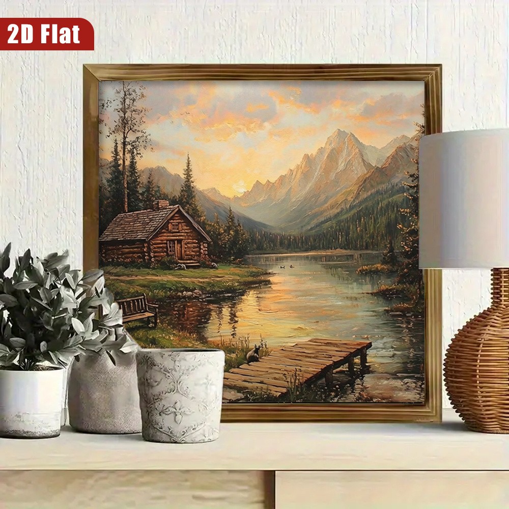 Classic Wilderness Lake Cabin Mountain Sunset Rustic Living Room Wall Art Plaque