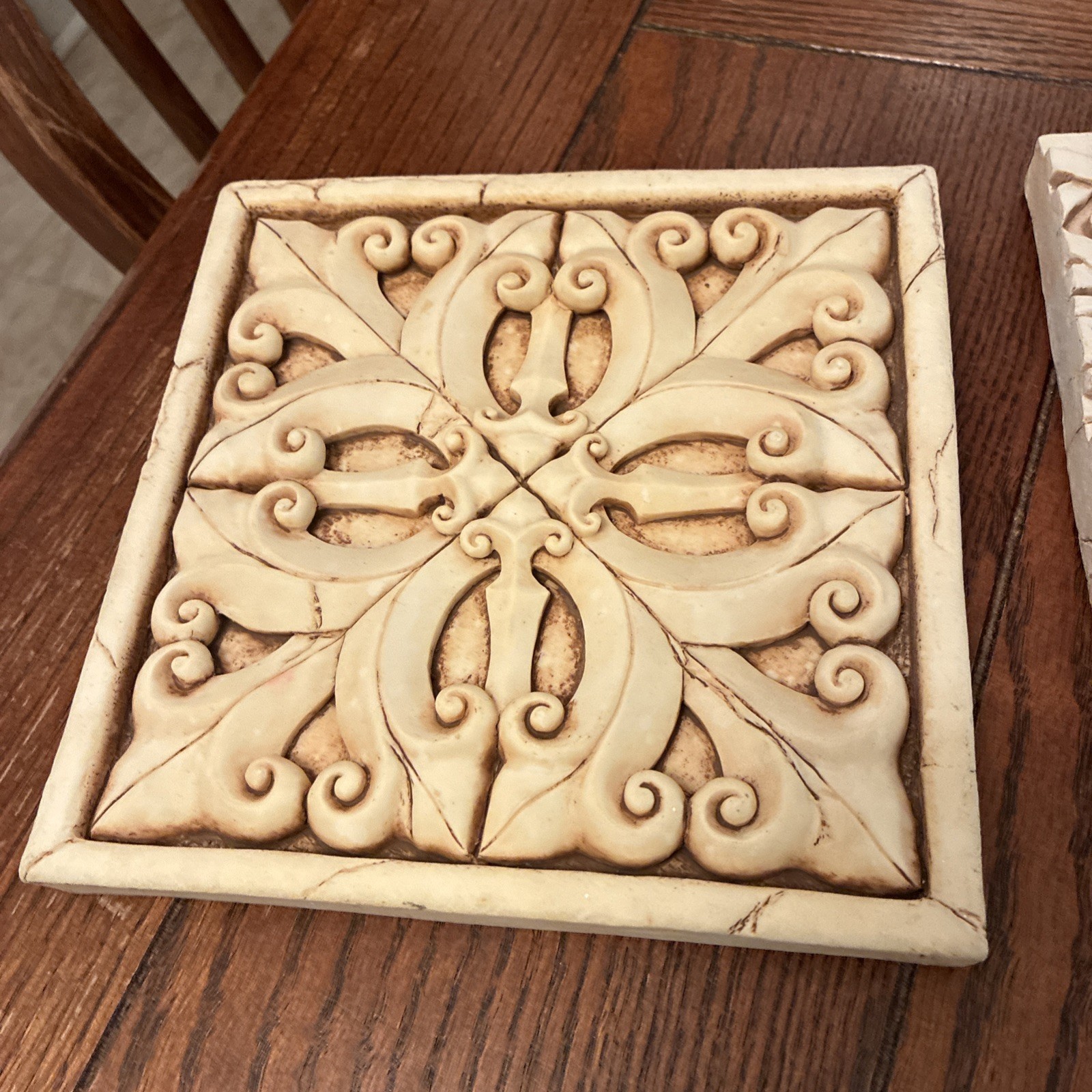 Wall Tiles/Plaque Floral Geometric Carved Decorative Cream Heavy Resin-Lot Of 3