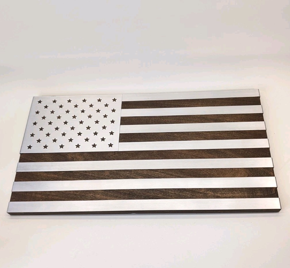 Modern Rustic American Flag Wall Decor Wood & Brushed Metal 21” x 11”