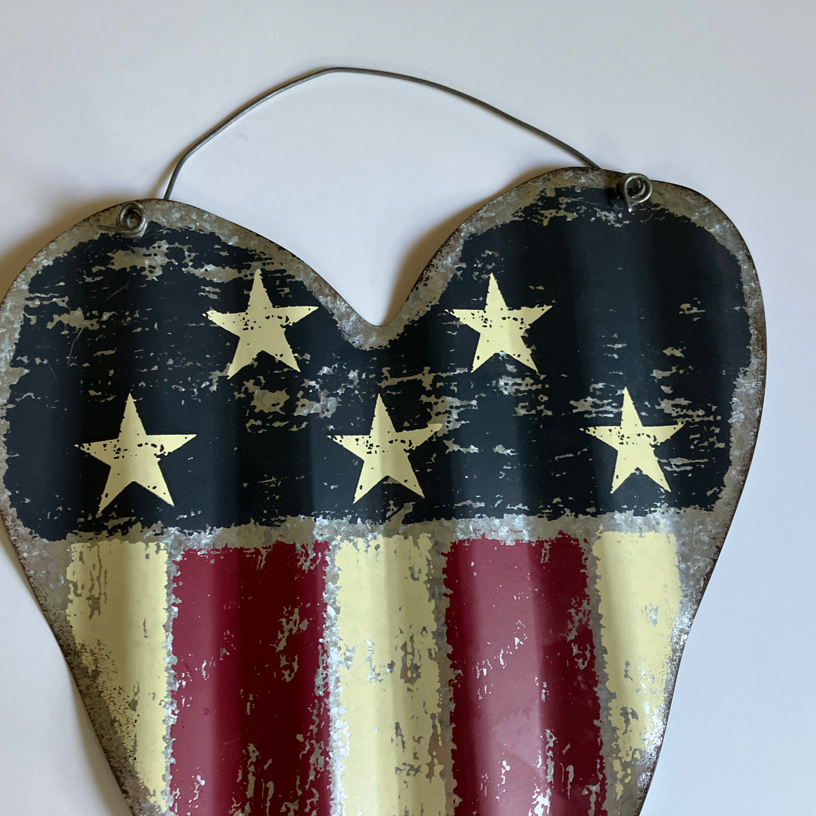 Americana Distressed Metal Heart Flag Shaped Patriotic w/Rusty Wire Hanging Sign
