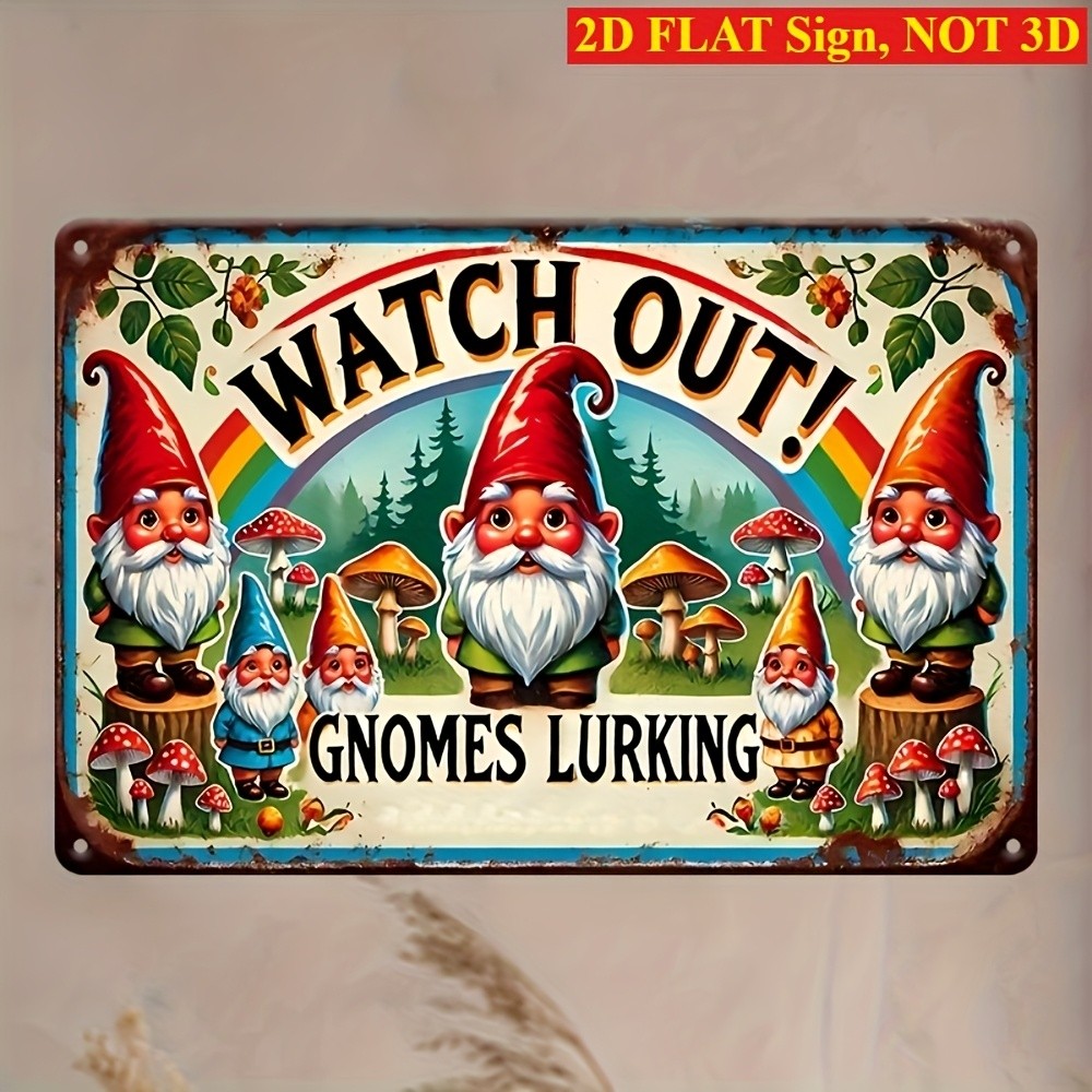 Watch Out Gnomes Lurking Tin Sign Vintage Metal Garden Sign Rainbow Wall Decor