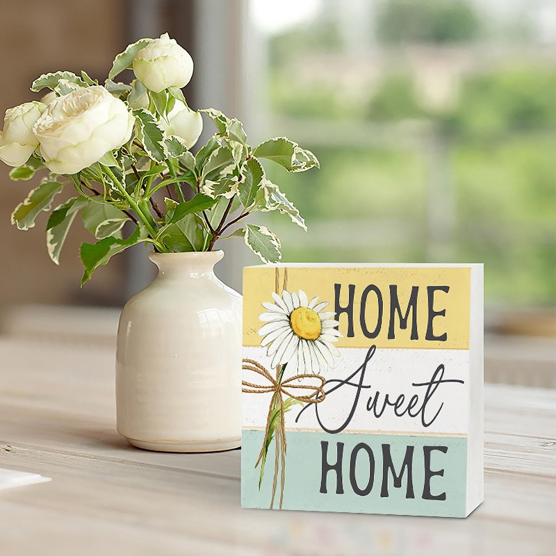 2D Desktop Square Daisy Flower Art Wooden Sign Home Office Room Decoration Gift