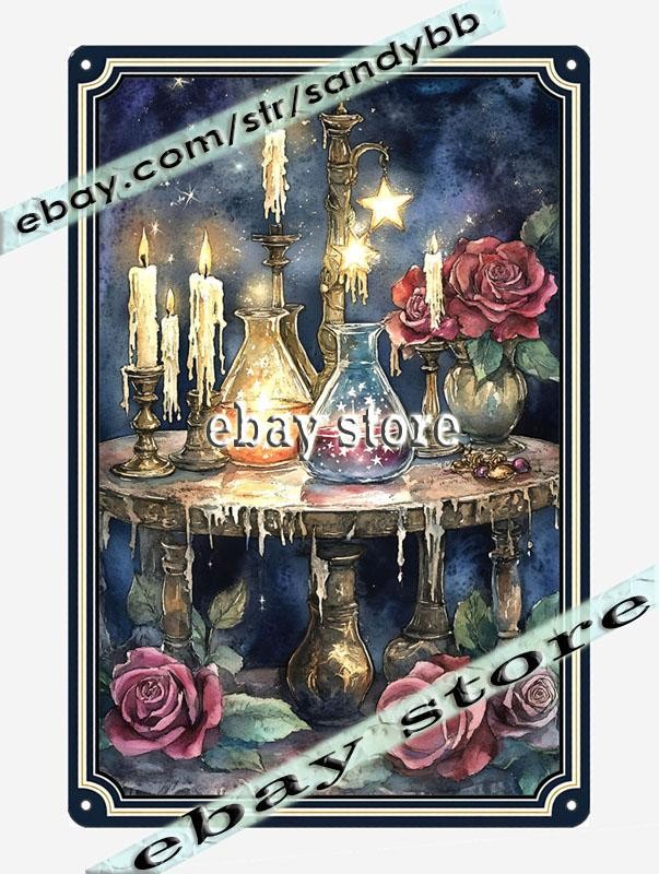 Potion Altar Metal Tin Sign Mystic Candle Table Art witch ritual