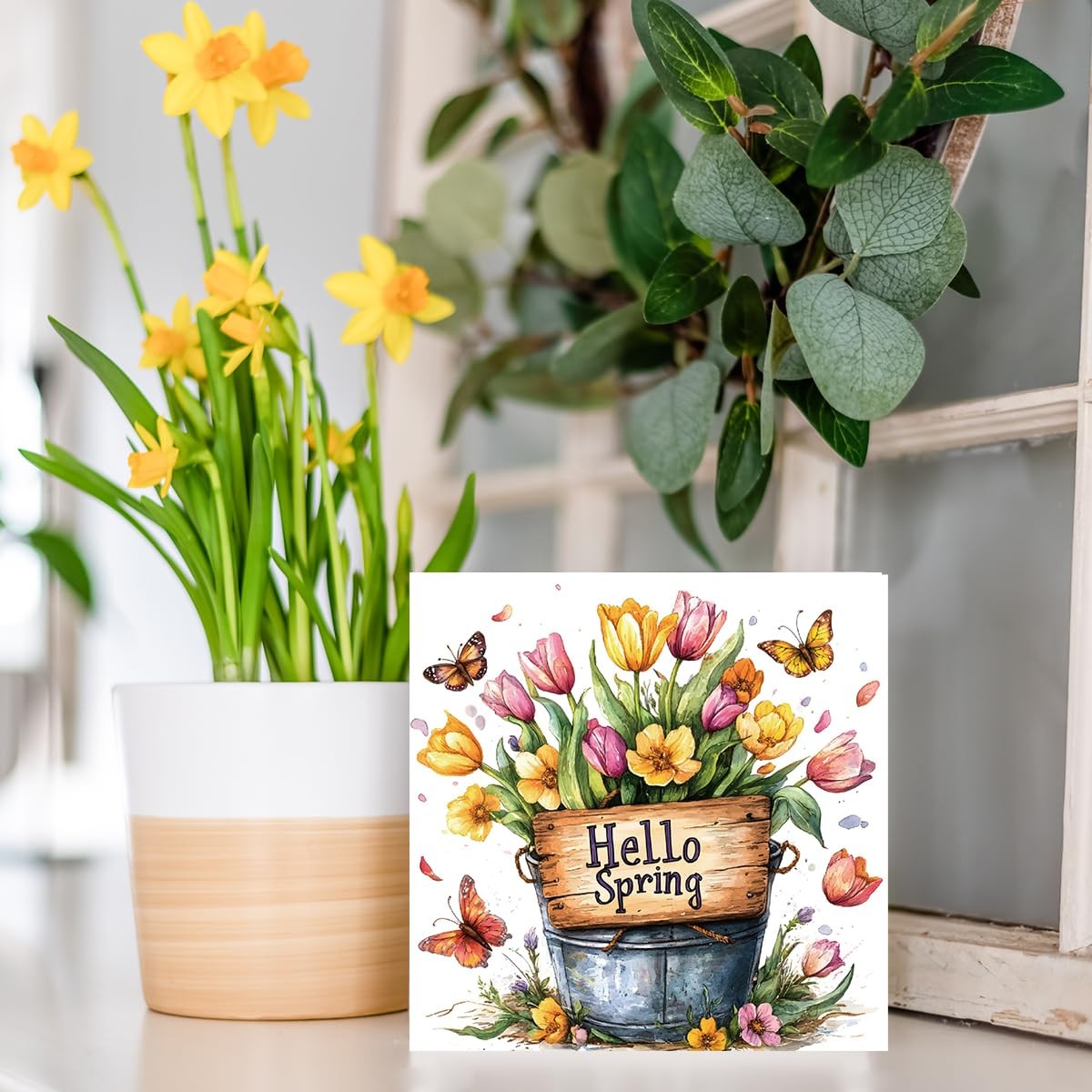 Spring Floral Wooden Box Sign, Hello Spring Rustic Wood Block Sign for Home K…