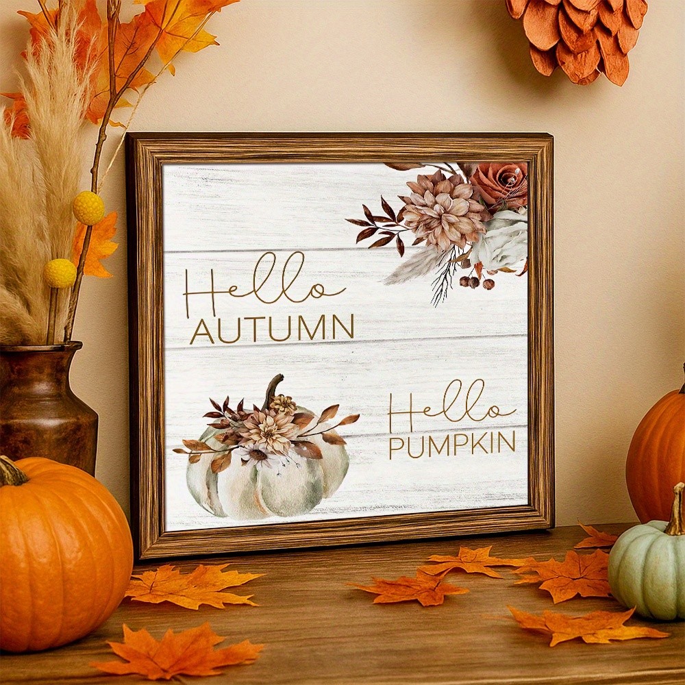 Wooden Frame Print Hello Autumn Hello Pumpkin Floral White Wood Wall Decor