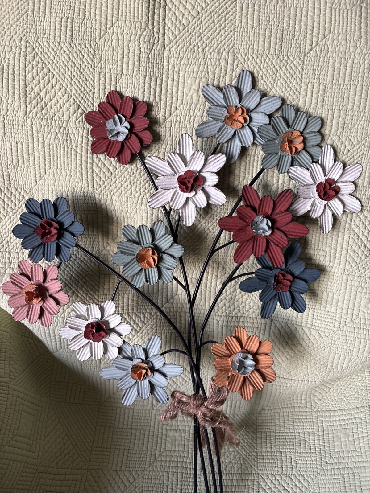 Flower Bouquet Metal Wall Decoration Farmhouse Cottage Core Rope Multicolor 22″H