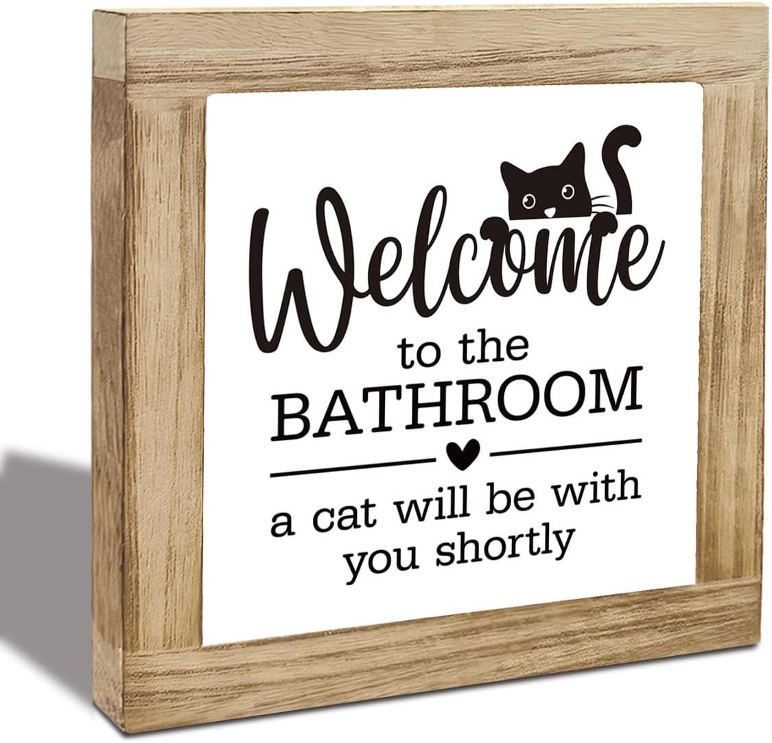 Funny Bathroom Decor Wooden Box Sign with Cat Toilet Restroom Shelf Table