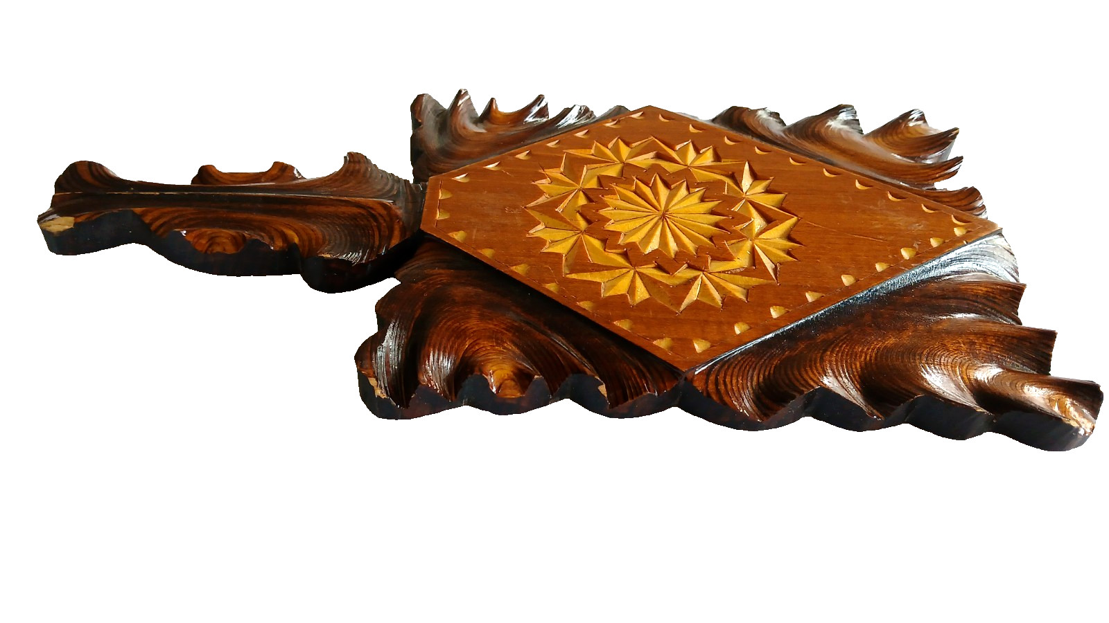 Chip Carved Solid Wood Stained Wall Plaque Folk Art Geometric Inlay Pattern 12″