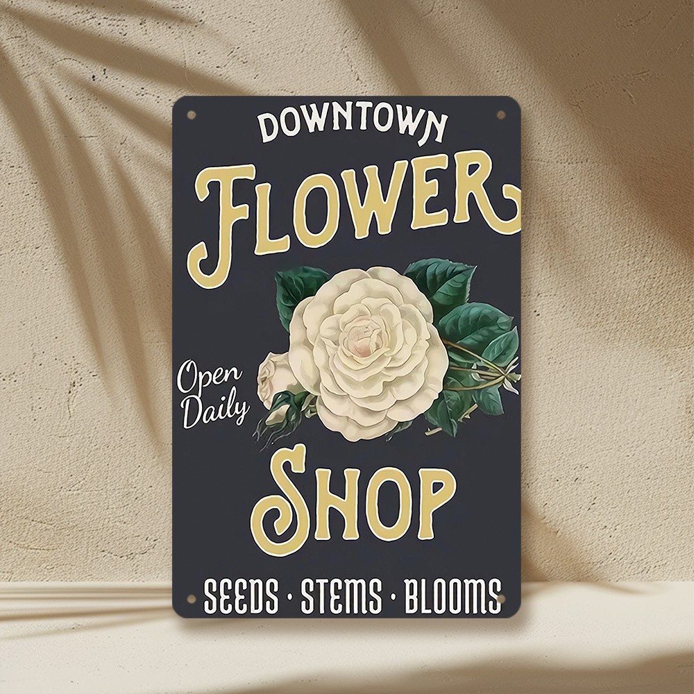 Vintage “Down Town Flower Shop” Metal Wall Art Plaque with White Rose Design