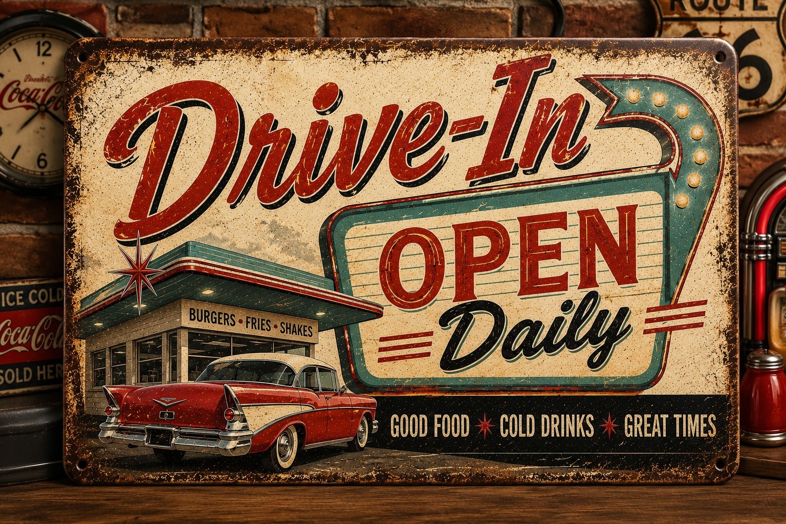 Drive-In Open Daily Retro Diner Sign Vintage 50s Restaurant Decor Classic 12×8