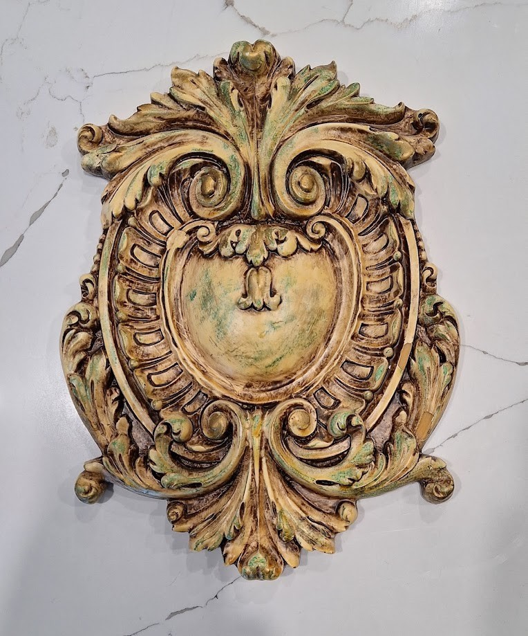 Opulent Wall Plaque Shield Cartouche Design Gilded Plaster Decorative Art