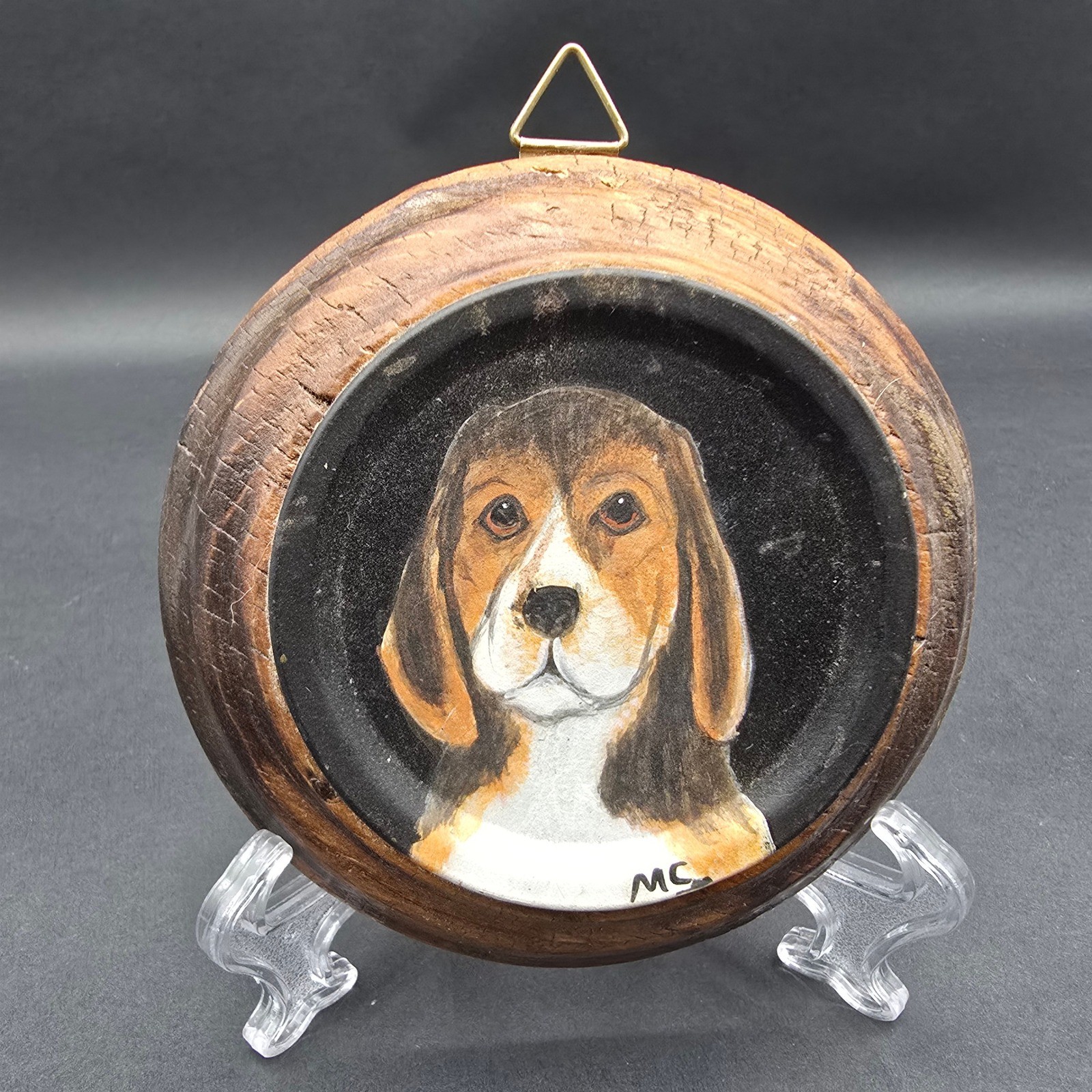 Vintage Hand Painted Beagle Dog Portrait Round Wood Plaque Wall Art Signed MC