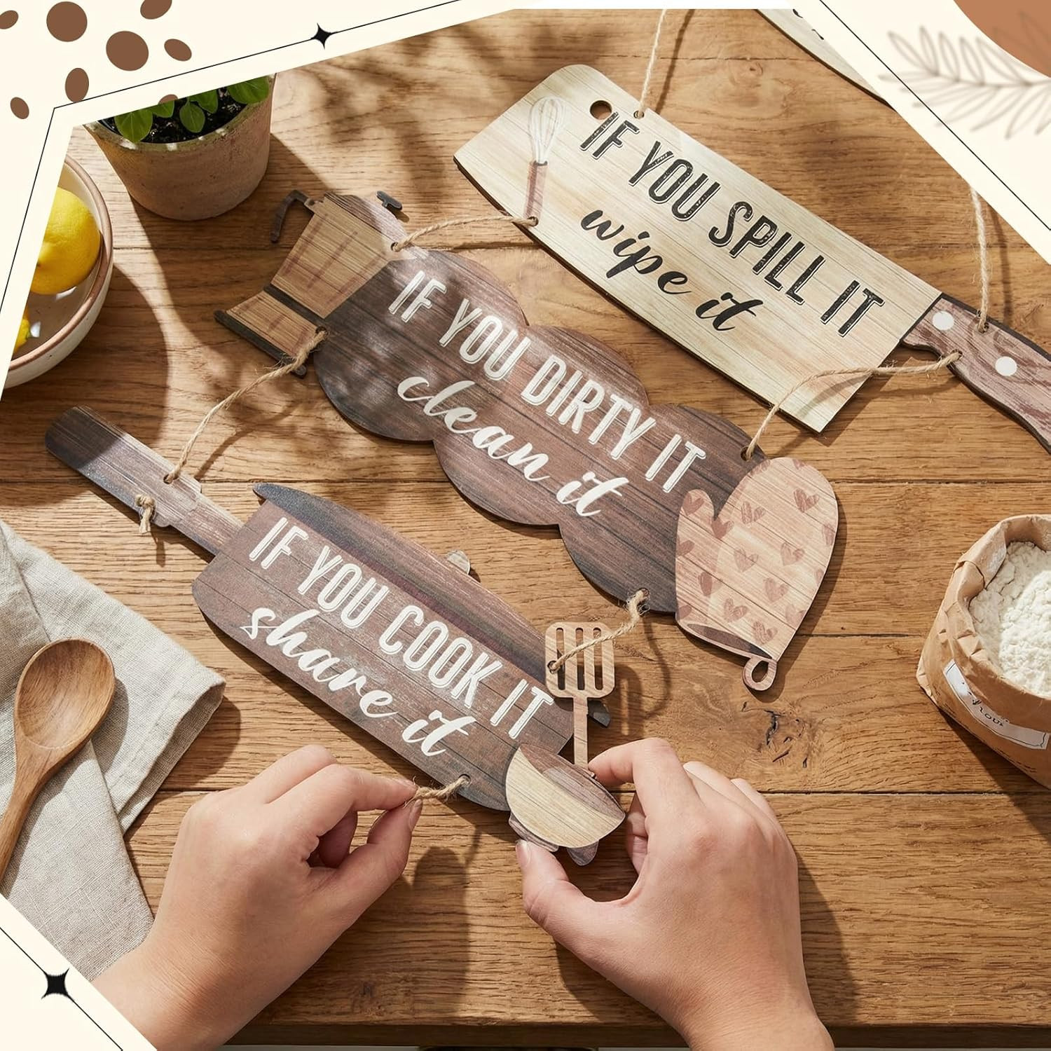 6 Pack Kitchen Rules Signs and Decor, Rustic Wooden Hanging Kitchen Signs Wall D