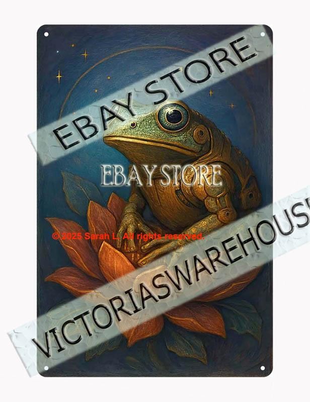 Fantasy frog lotus tin sign mystical botanical wall decor