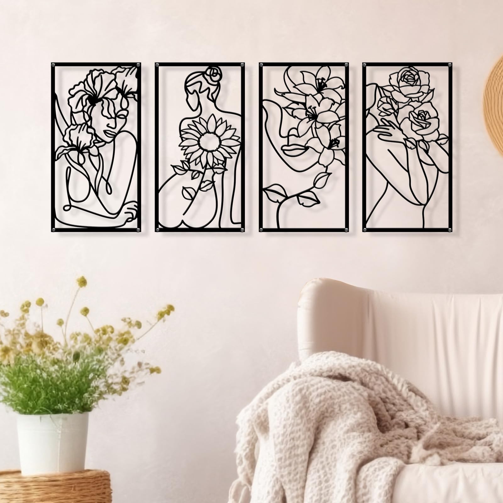 4 PCS Metal Minimalist Abstract Woman Flower Wall Art Single Line Drawing