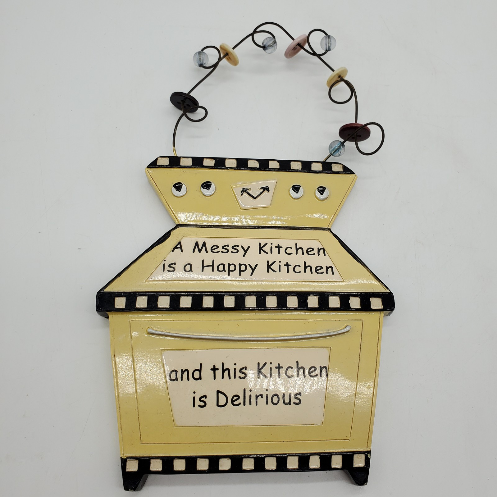 Kitchy Ceramic Plaque “A Messy Kitchen Is A Happy Kitchen” 4″×6″ W/Beaded Wire