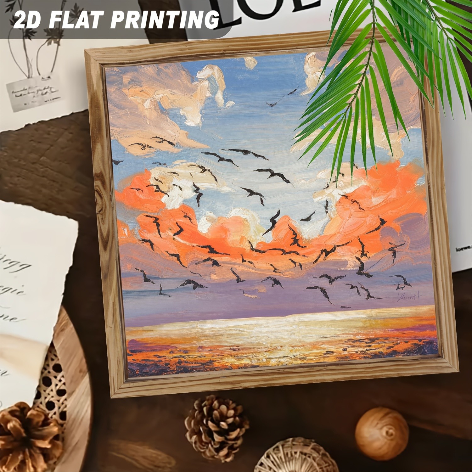 Wooden Plaque Impasto Ocean Sunset Seagull Soft Country Home Wall Decor Gift