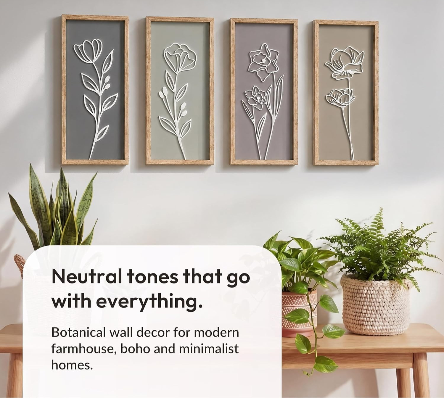 3D Wooden Floral Bathroom Wall Decor (Set of 4) Lightweight, Ready-to-Hang Frame