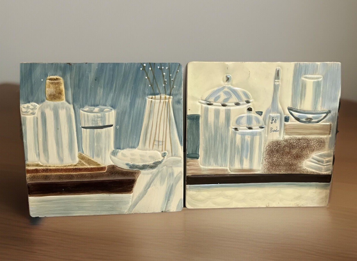 Set of 2 Bathroom Wall Art Hanging Metal Tin Sign Vintage Blue Cream 10×10 Decor