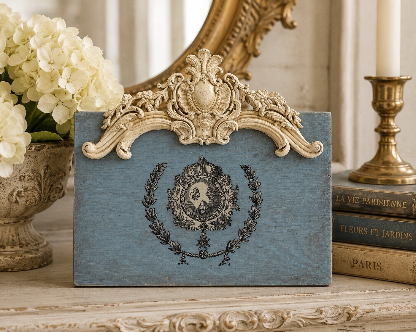 French Country Blue Crest Wall Plaque Ornate European Manor Decor Handmade