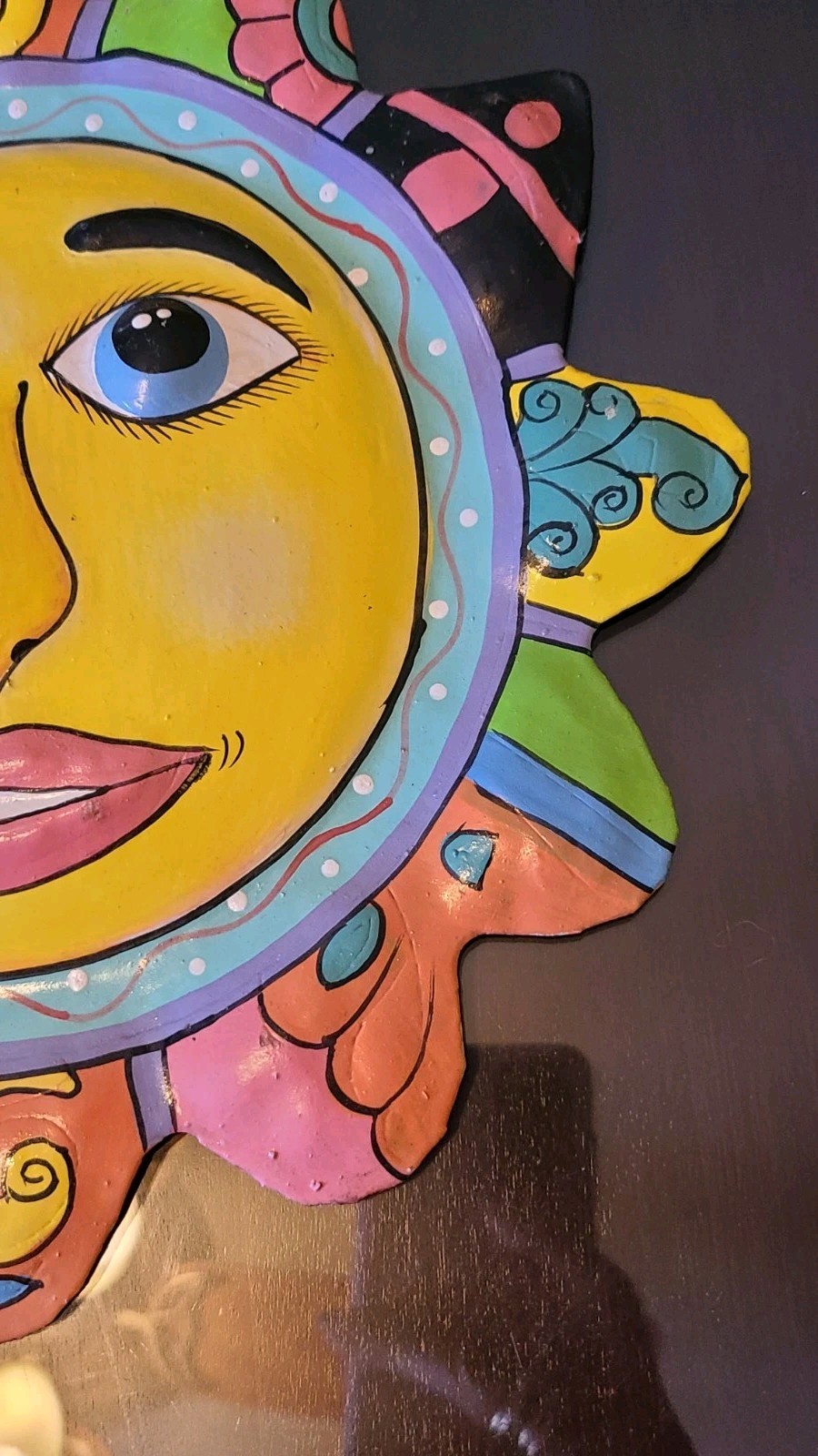 Celestial sun in metal wall hanging. Multicolor. Haiti. Garden art. Paint chips.