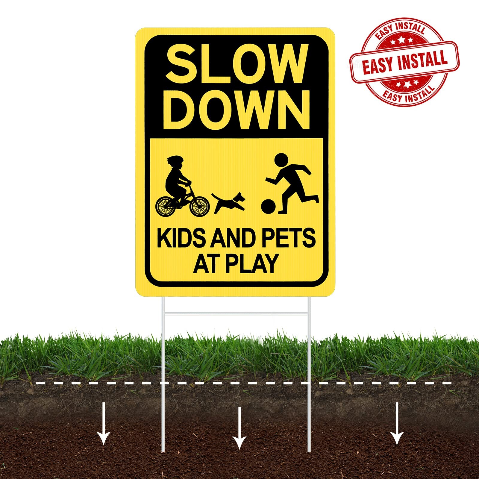 Slow down Sign with Metal Stake Kids and Pets at Play Sign 16 X 12 Corrugate
