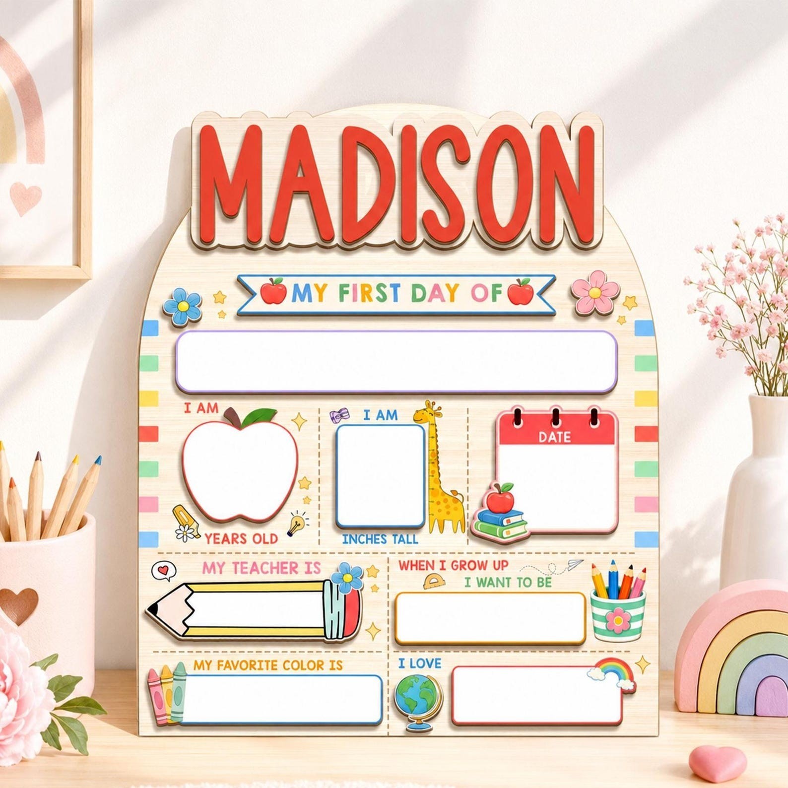 Personalized First Day Of School Sign, Back to School Board Gift For Kids, 1st L