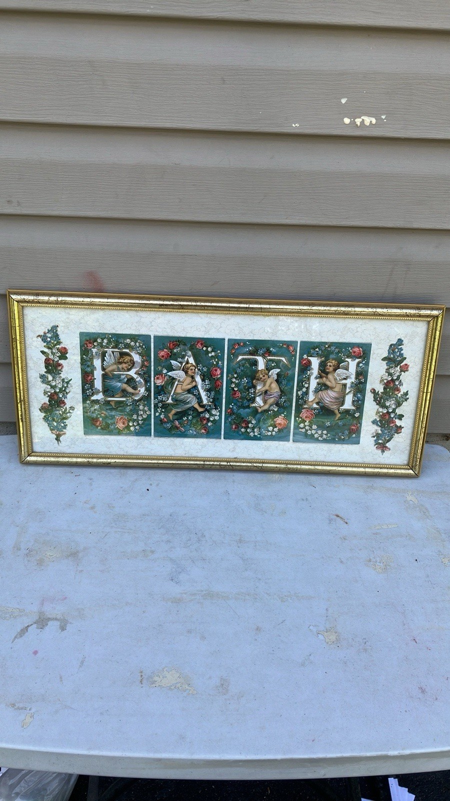 Vintage Cherub Bath Art: Gold Tone Framed Wall Decor 21”x9”