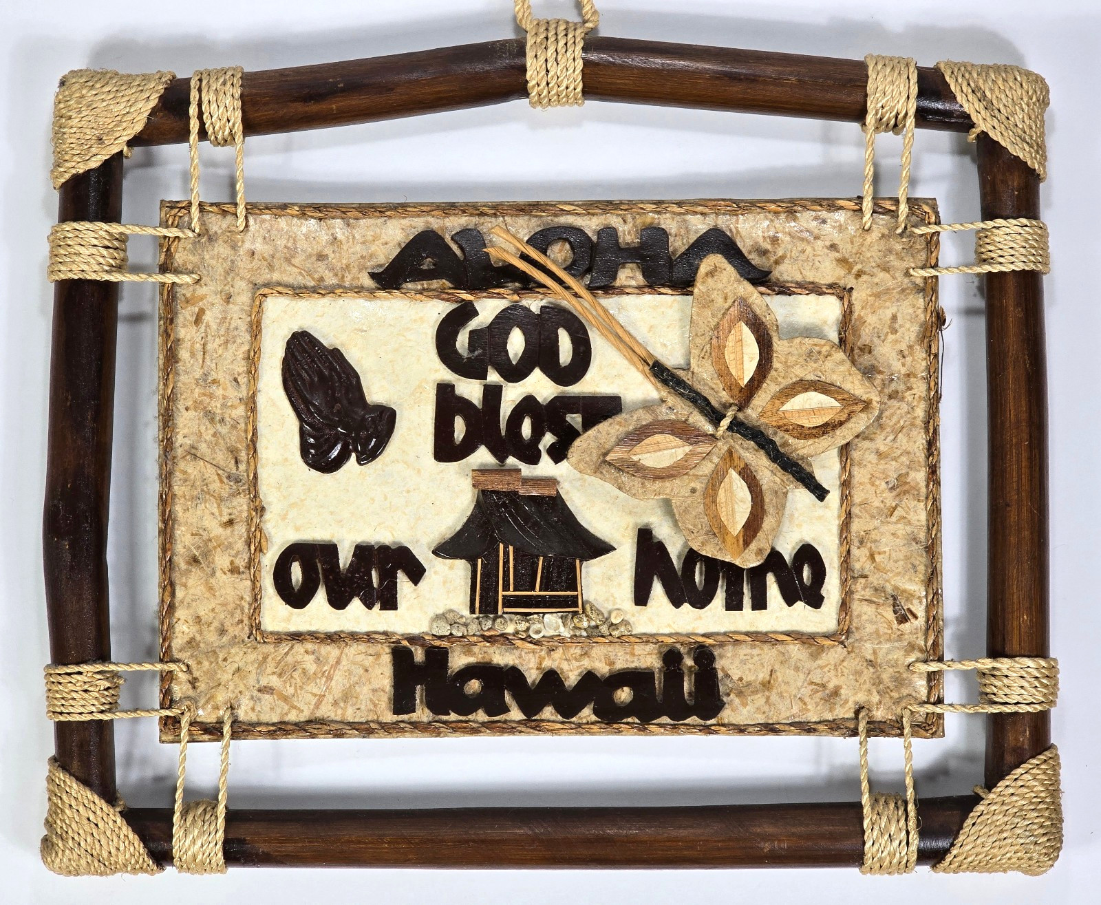 Aloha Hawaii God Bless Our Home Natural Handmade Paper Butterfly Rattan Plaque