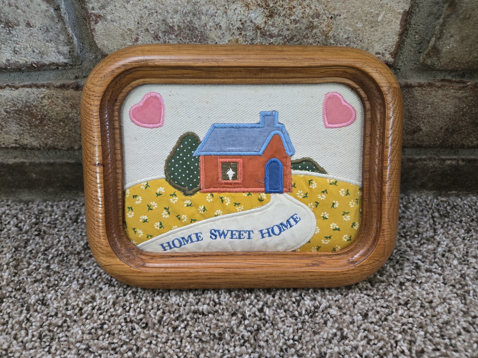Vtg 80s Russ Berrie Home Sweet Home Oak Framed Plaque Country Hearts Applique