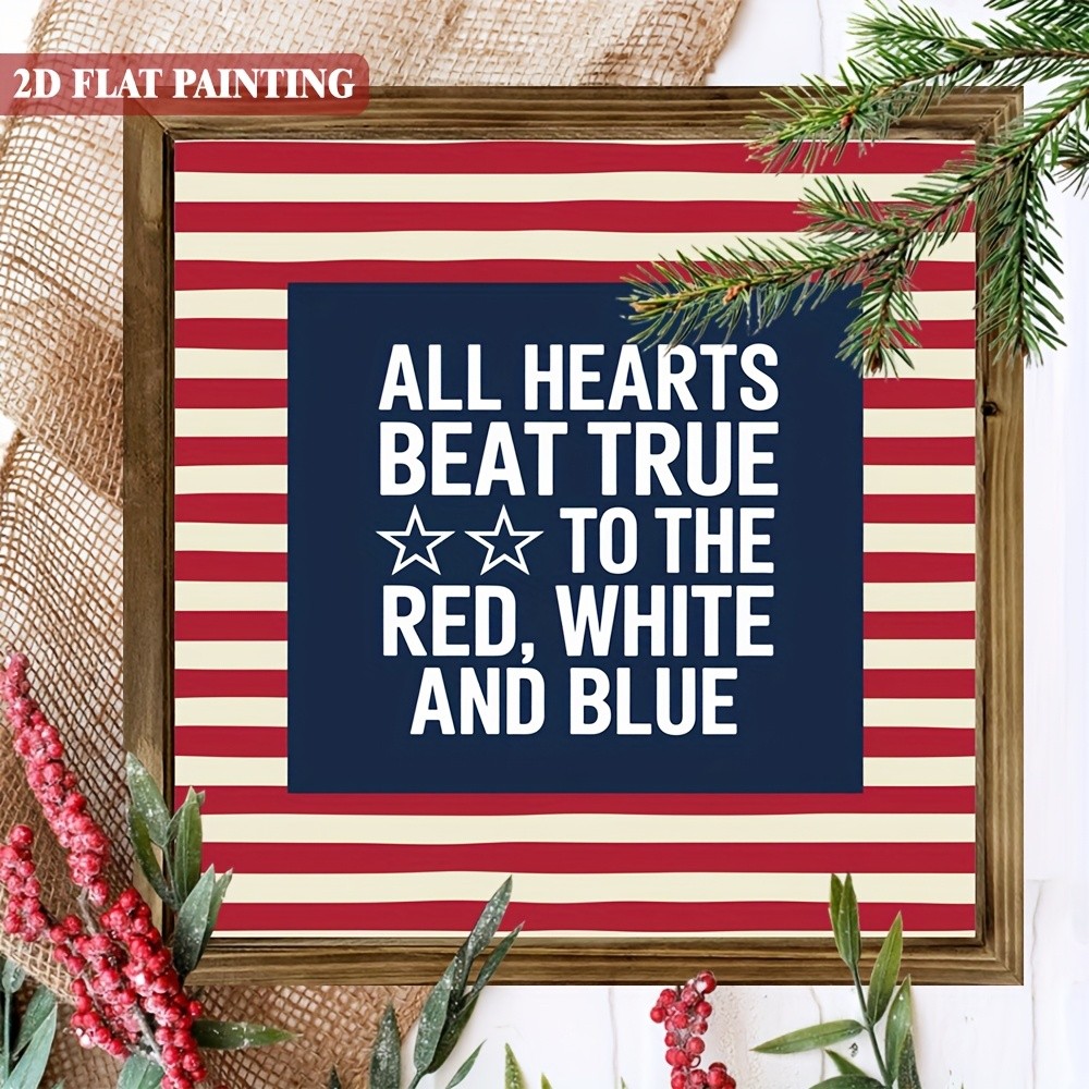 All Hearts Beat True To Red White Blue Patriotic Wooden Plaque 4th Of July Decor