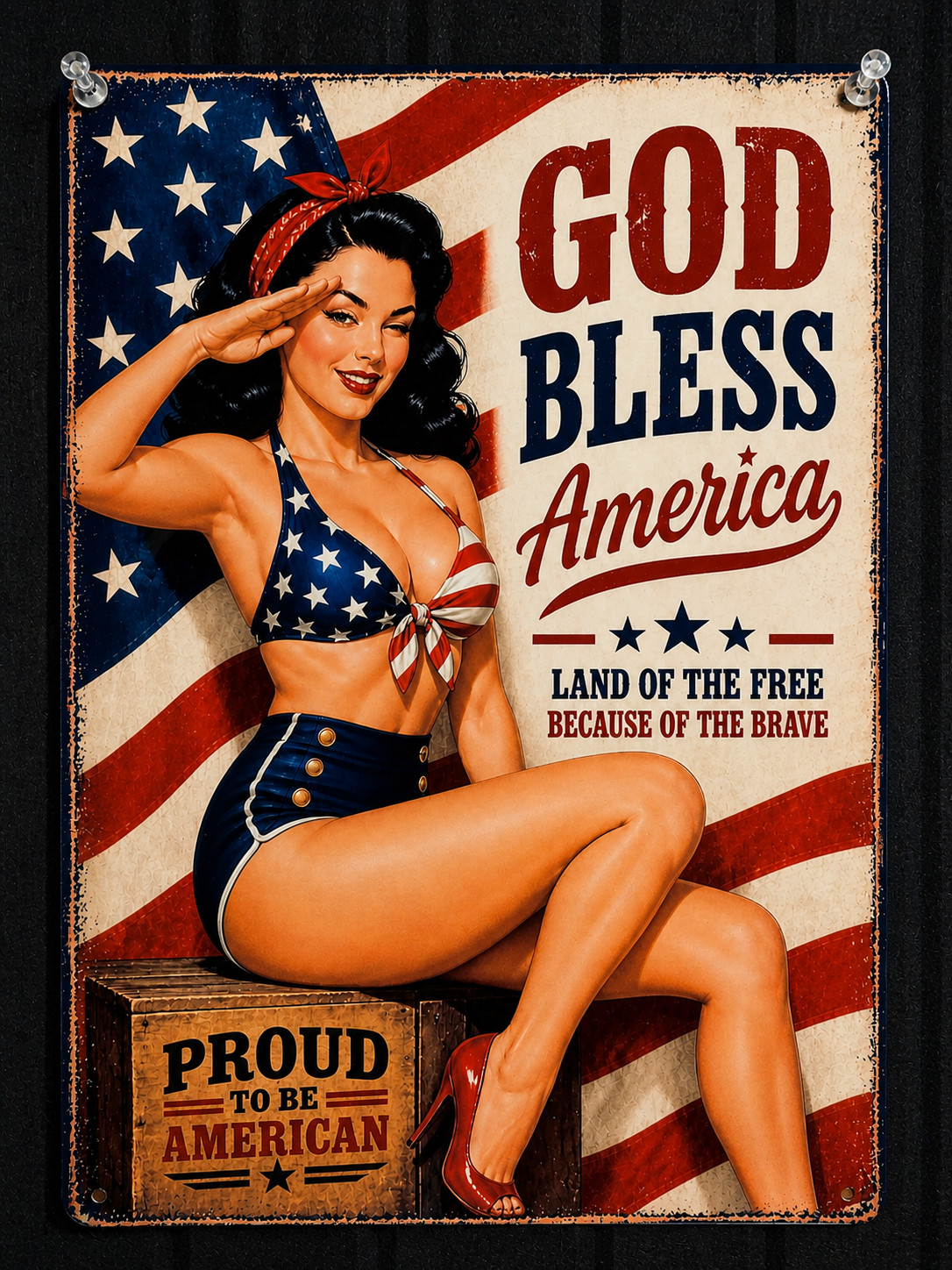 God Bless America Pin Up Sign Patriotic Vintage USA Flag Metal 8×12
