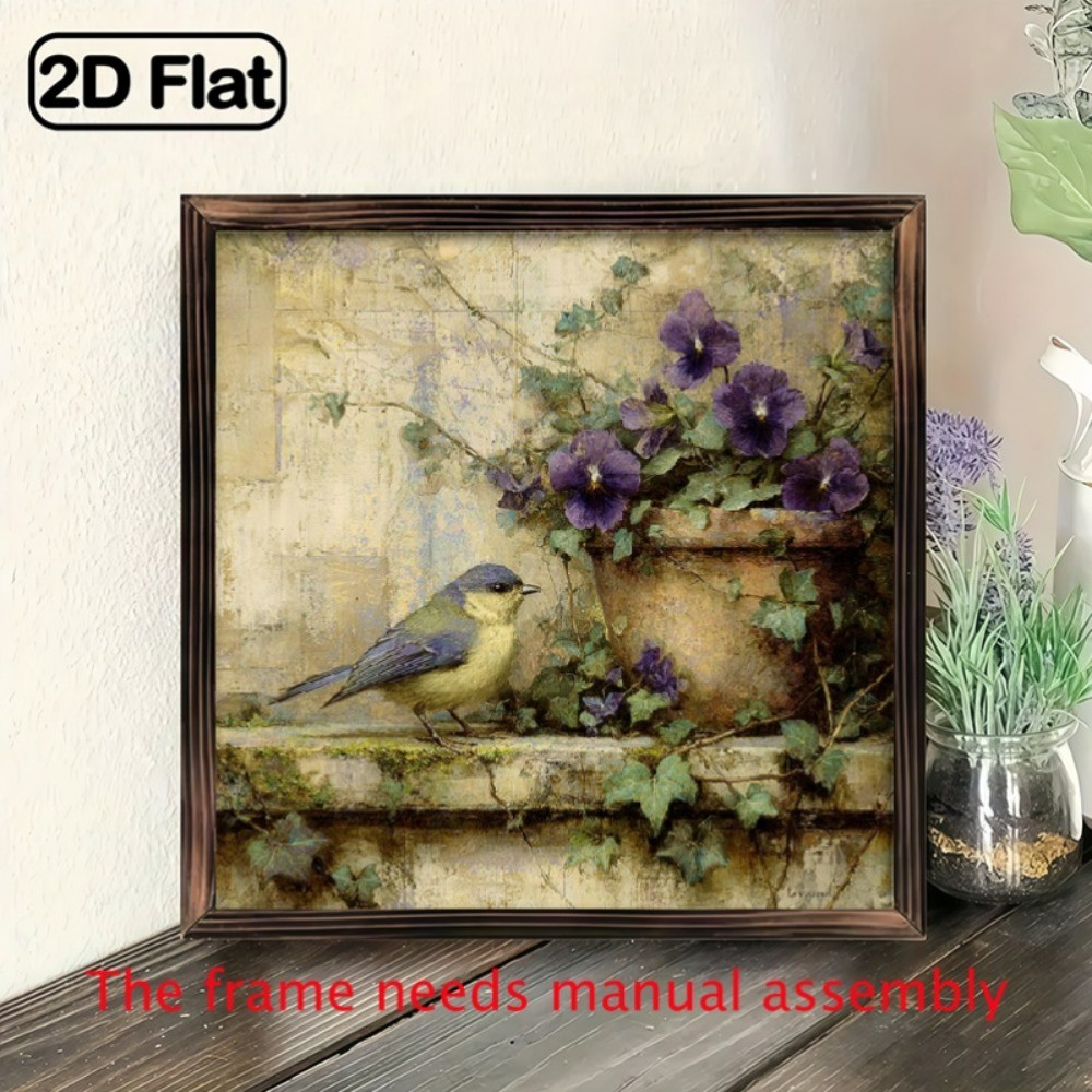 Blue Bird Purple Pansy Wooden Sign Rustic Vintage Decor for Kitchen Cafe Gift