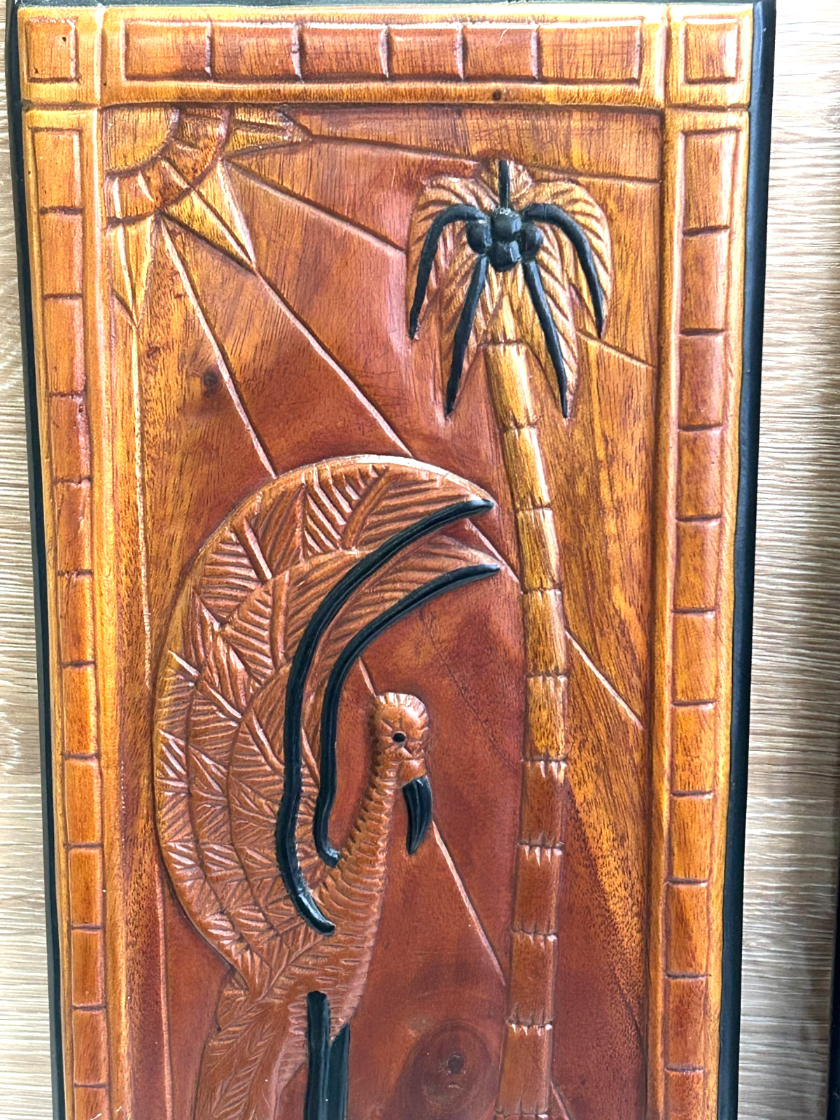 Vintage Hand Carved Wooden Relief Wall Plaques Tropical Birds & Palm Trees.2 Pcs