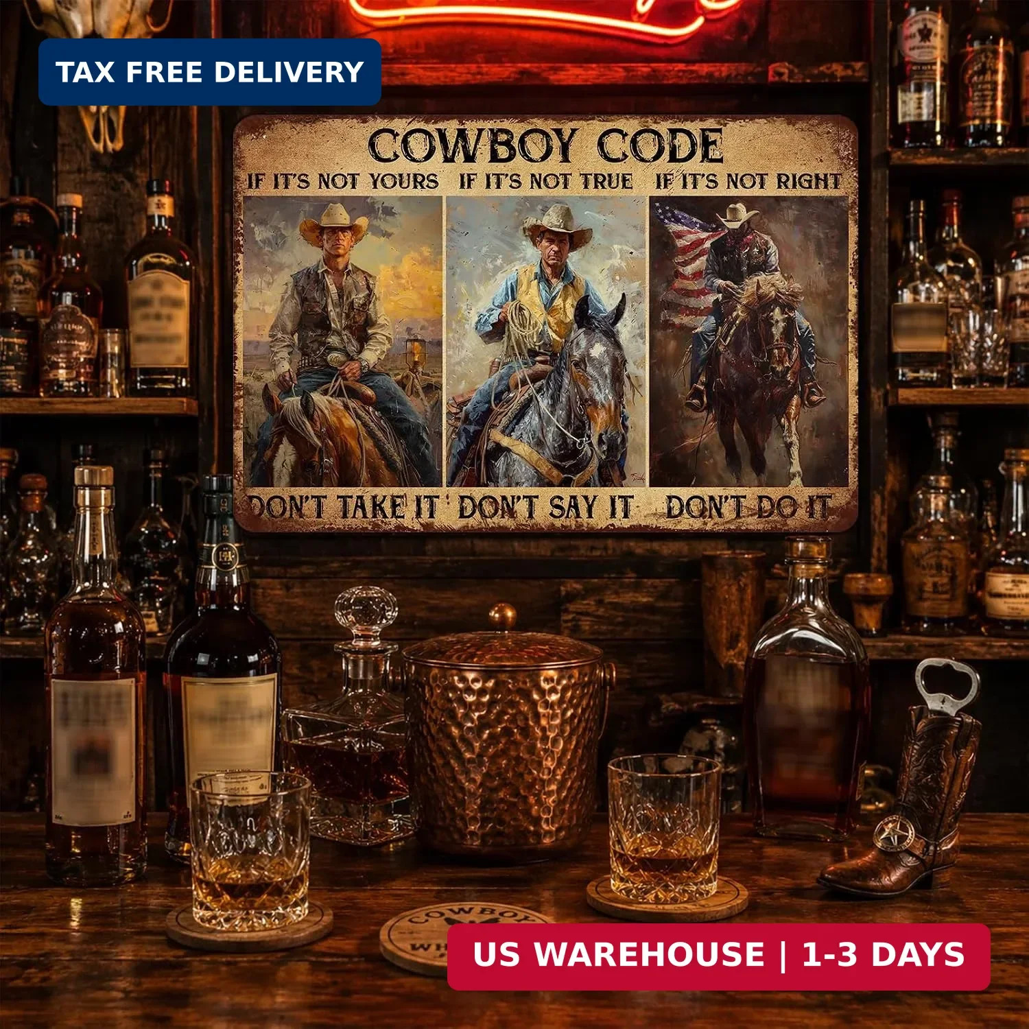 Cowboy Code Metal Sign Western Wall Decor for Man Cave Rustic Cowboy Tin Sign fo