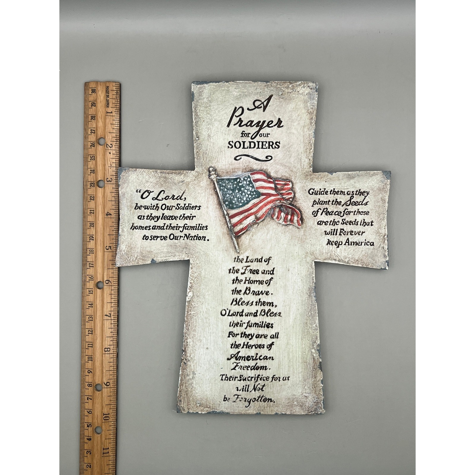 Patriotic Prayer for our Soldiers Wall Cross Plaque American Flag Decor 10×7.5″