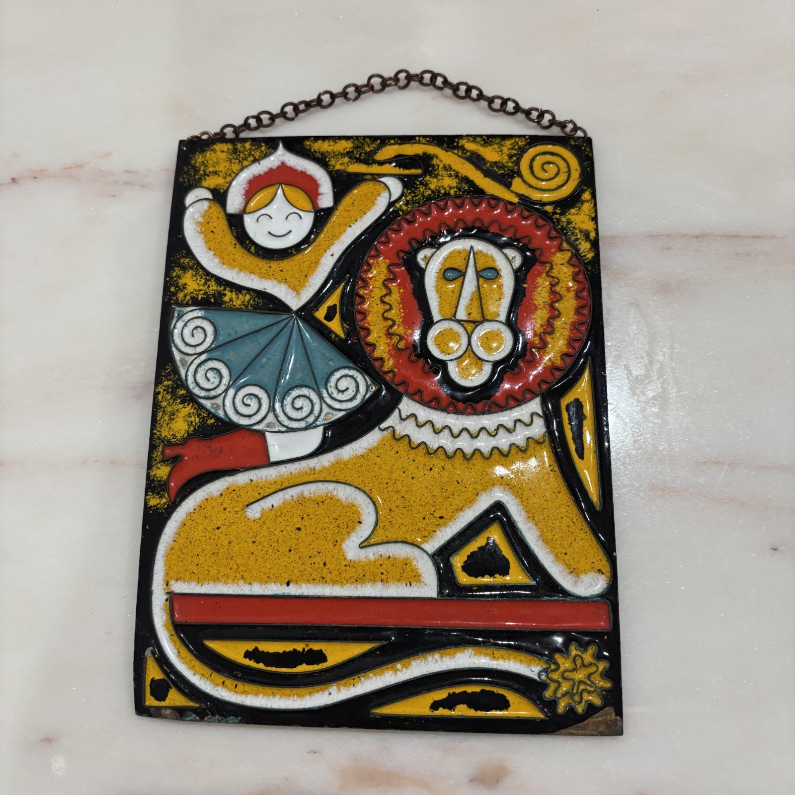 VTG Enamel-on-Copper Wall Plaque Lion & Girl Folk Art Soviet Russian Beryozka