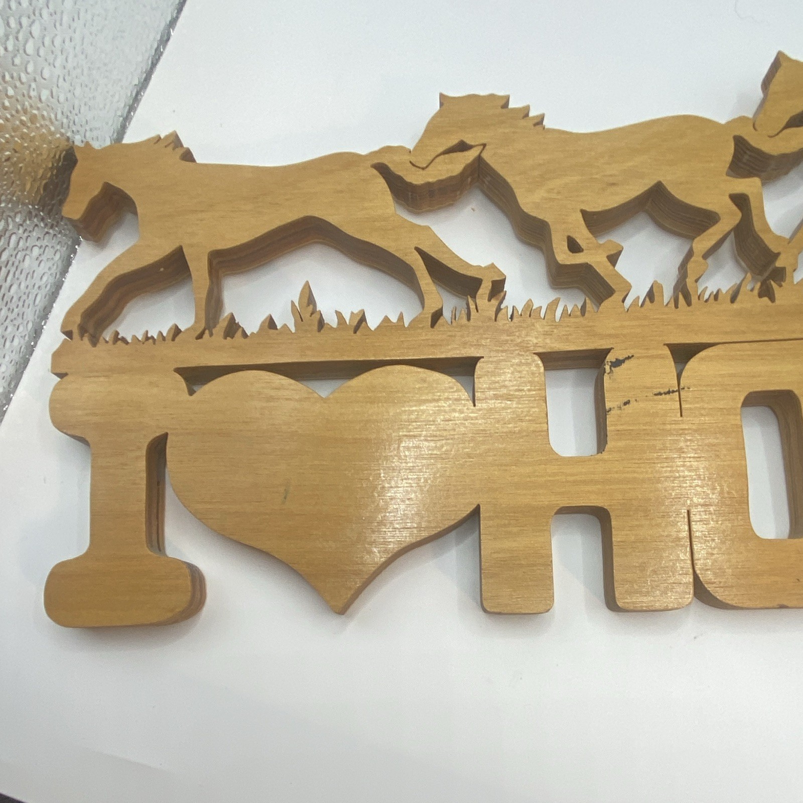 Handcrafted Rustic Brown Wood Hanging Plaque Sign “I Love Horses” Running Horses
