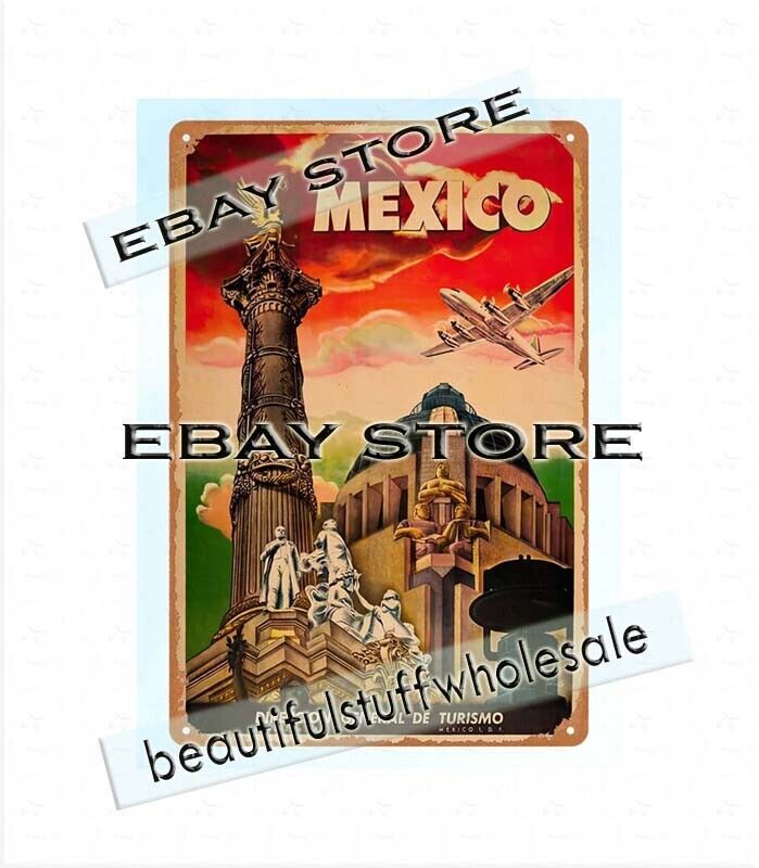 inspirational art decor vintage repro Mexico travel poster metal tin sign
