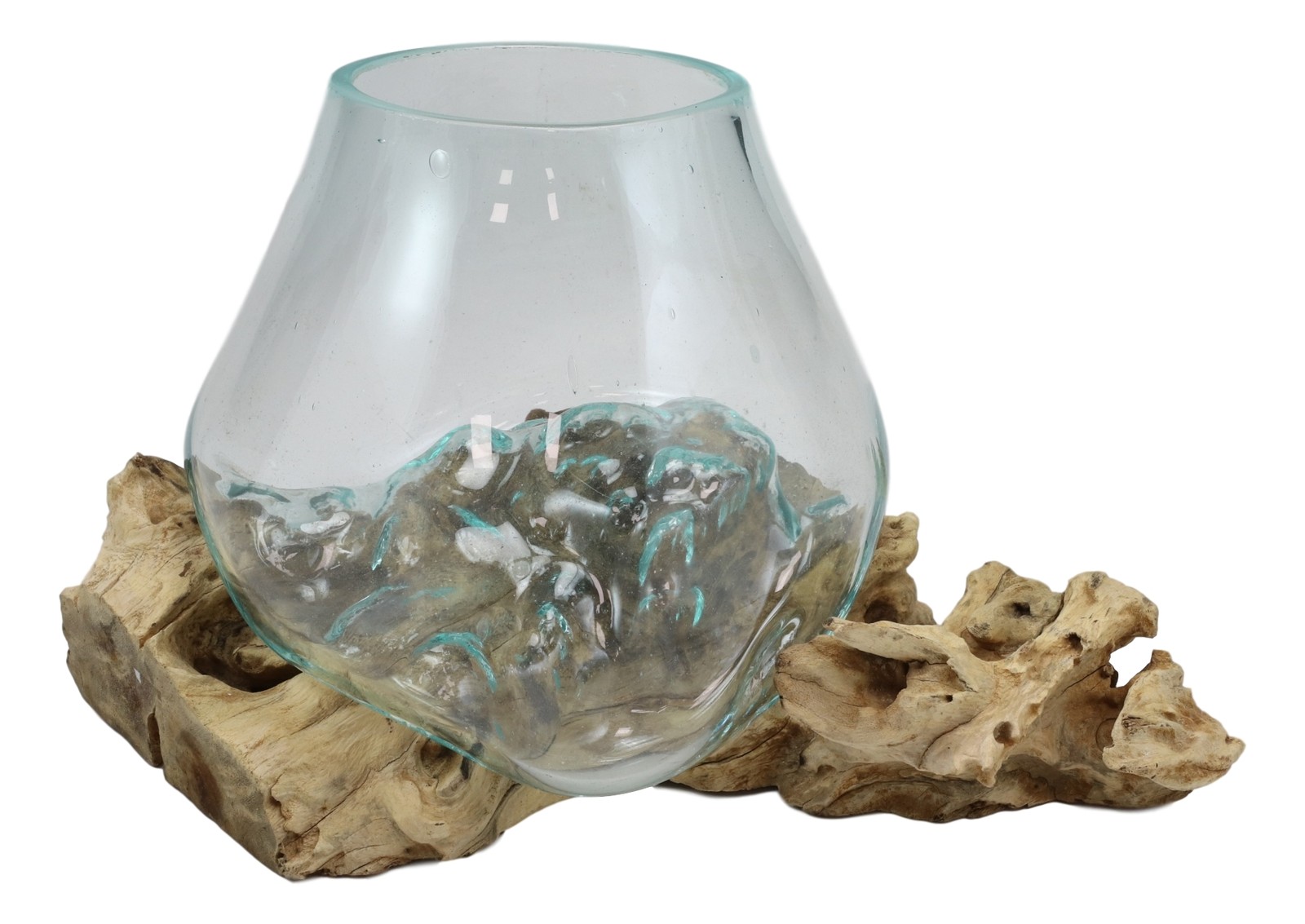Balinese Handicraft Natural Driftwood With Fitted Hand Blown Glass Bowl 7″L