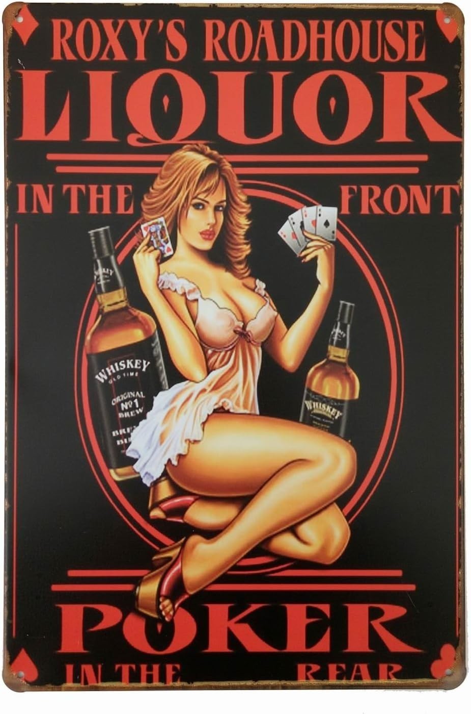 Vintage Style Whiskey Liquor Poker Girl Metal Sign 12×8 Inches for Decor