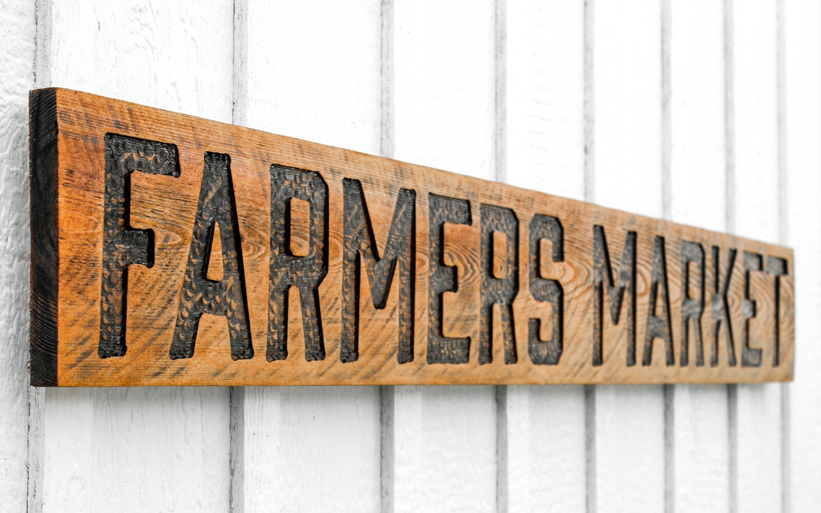 Stained Farmers Market Sign – Carved in a Solid Wood Board Rustic Distressed