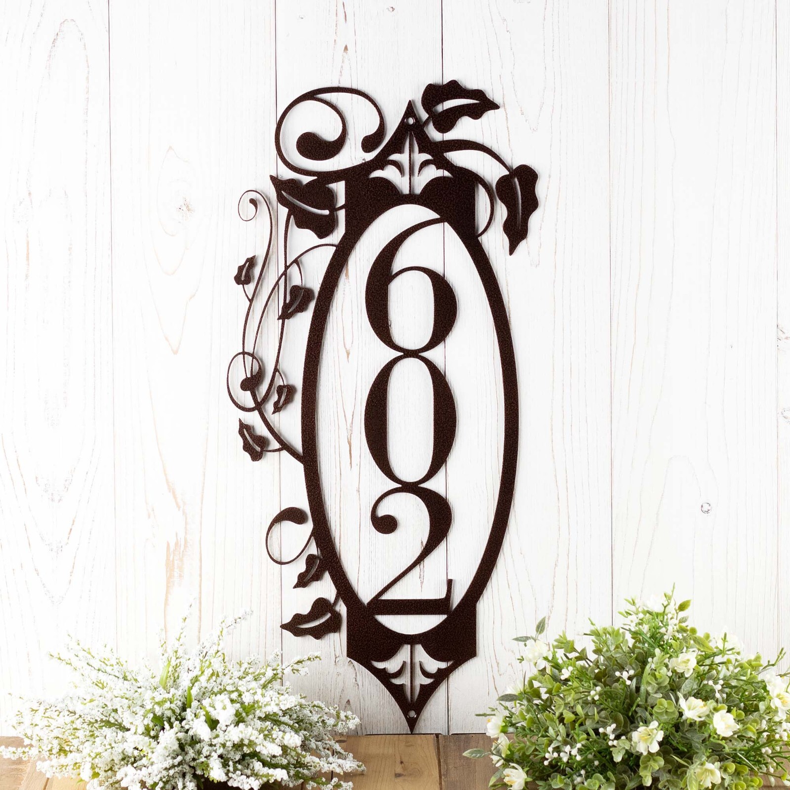 Vertical Metal House Numbers Plaque with Vines and Fleur De Lis