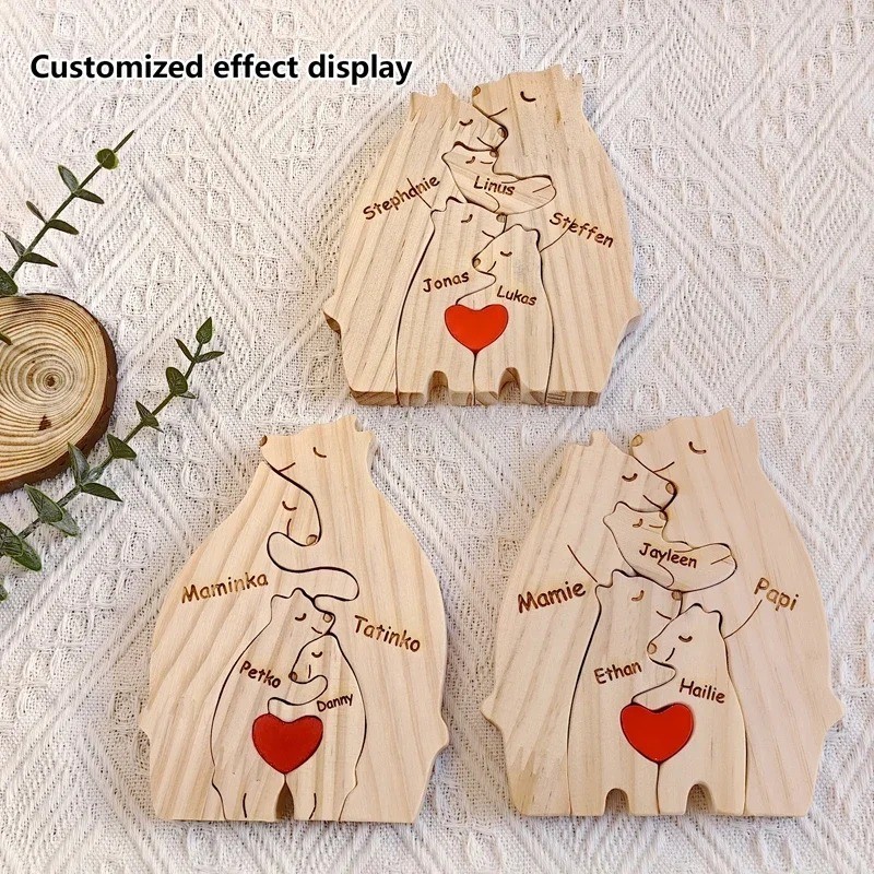 Personalized Wooden Bear Family Puzzle Custom Name Baby Mom Gift Decor