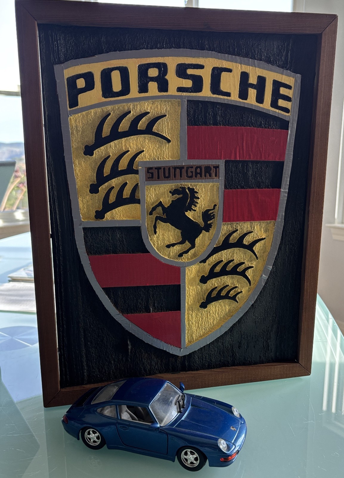 Porsche Wall Hanging sign (Solid Wood) Hand made and painted Size: 12 3/4″ x 16