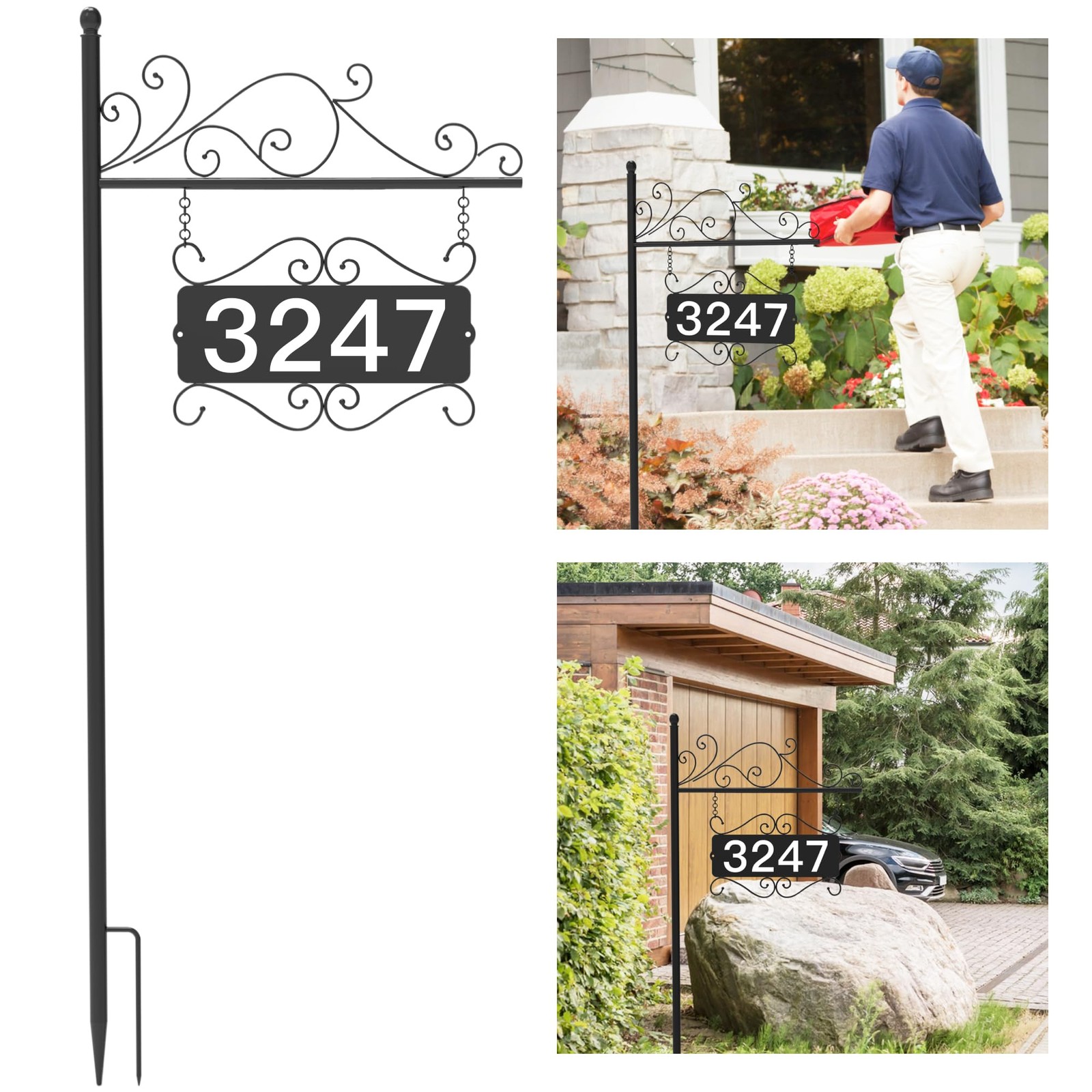 Metal Address Plaque for Outside, House Large Signage, Black Ground Mount