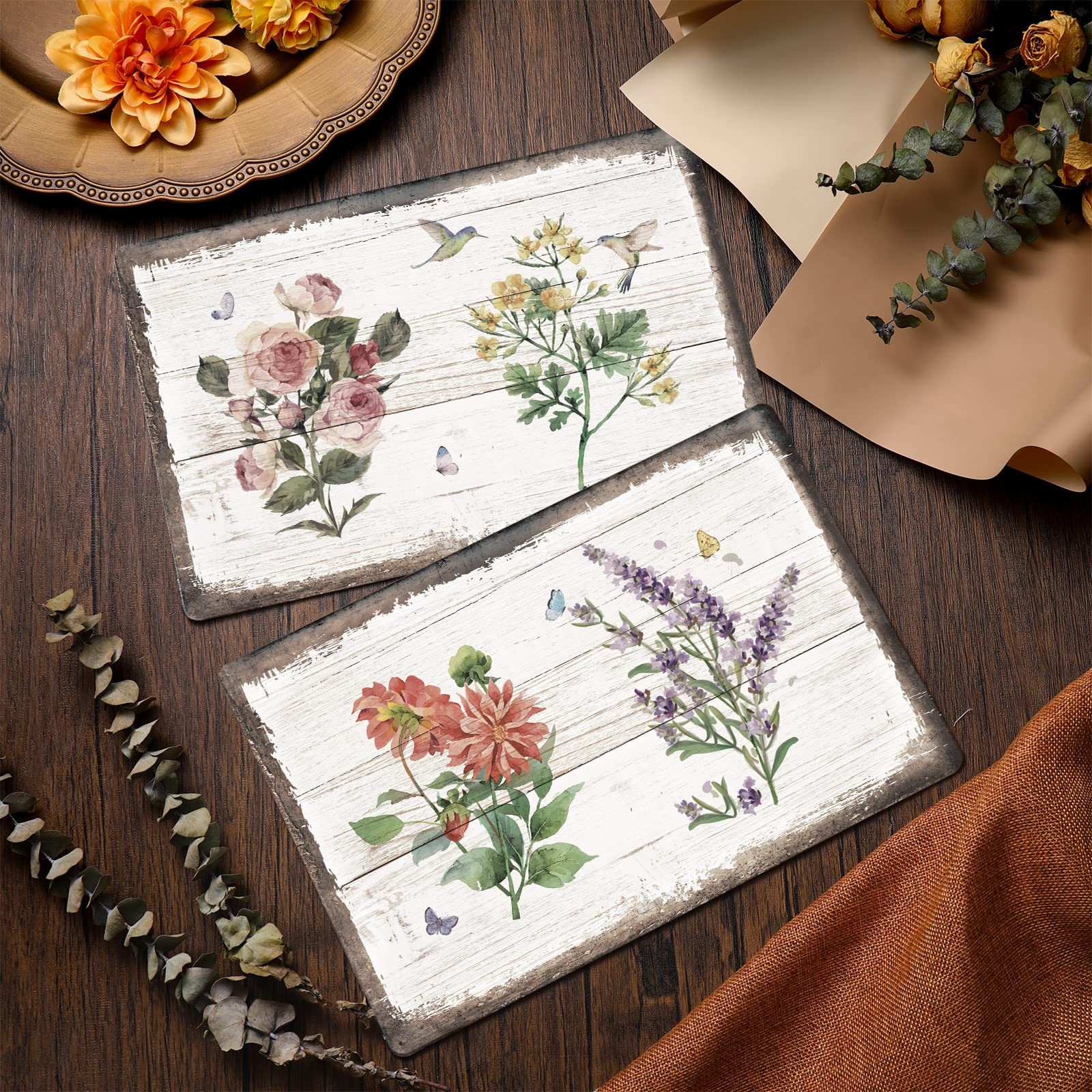 Loopeer 2 Pcs Vintage Flower Metal Tin Signs 12″L x 8″W, Multicolor