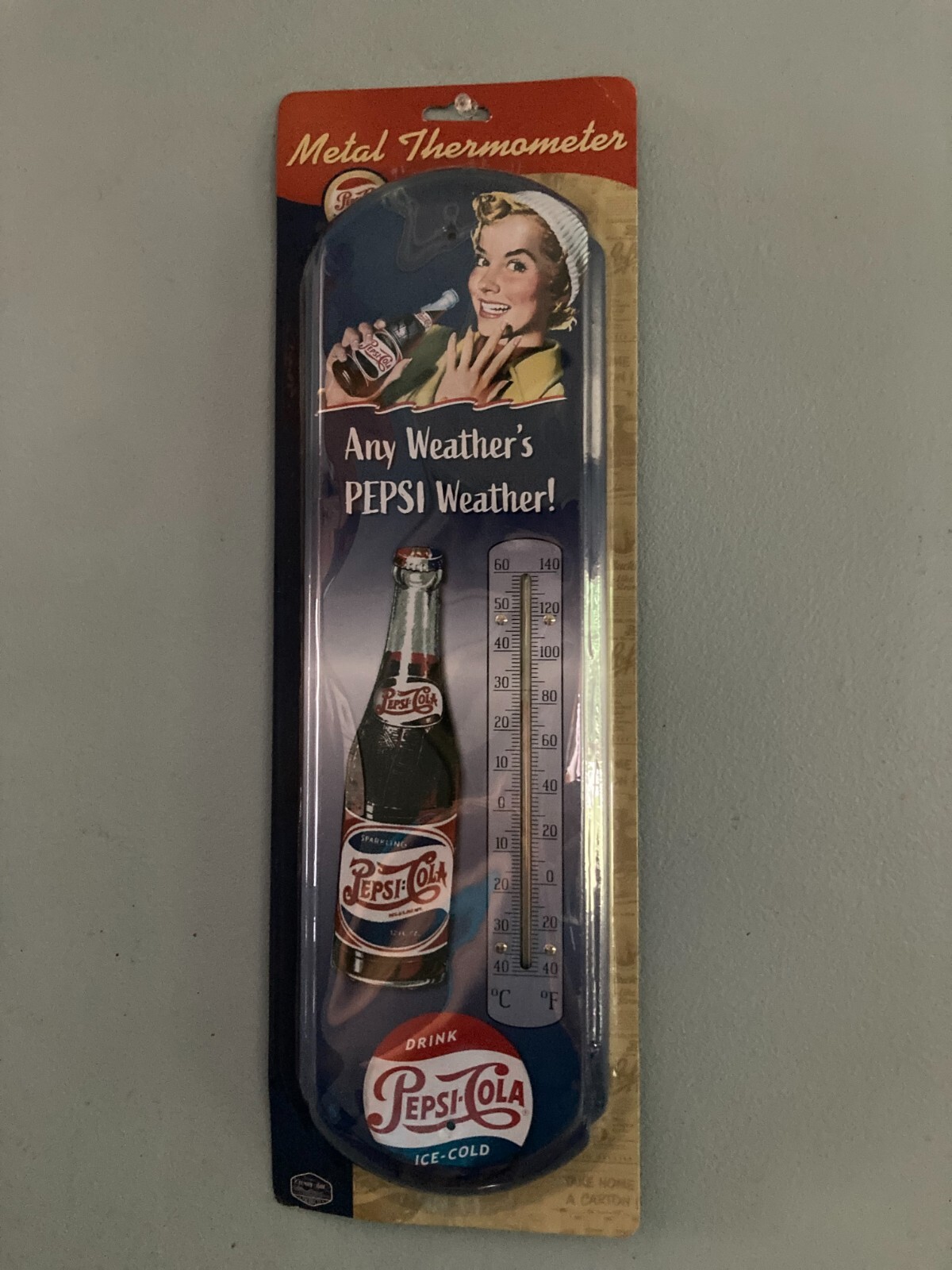 licensed Pepsi cola thermometer 18″ x 5″ Nostalgic metal sign thermometer